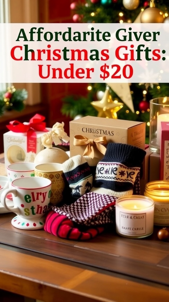 A collection of budget-friendly Christmas gifts including mugs, socks, and candles on a festive table.